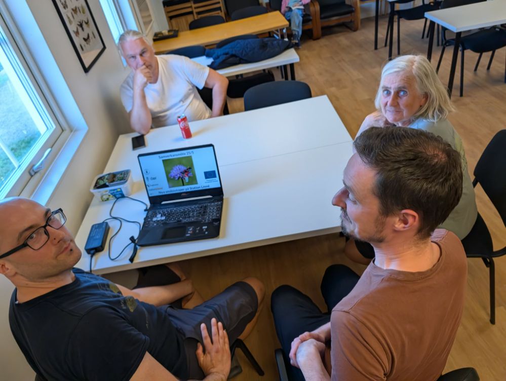 Erik Cederberg, Dave Karlsson, Mårten Klint, Ulla-Britt Andersson och bakom kameran Pav Johnsson diskuterar växtarter och småbiotoper vid ett bord i forskningsstationens seminarierum.